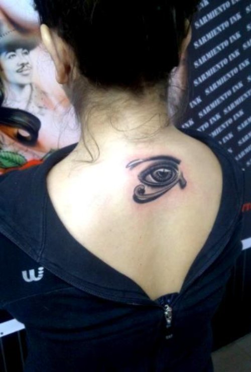 Grey Ink Horus Eye Tattoo On Girl Back